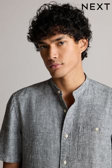 Grey Grandad Collar Linen Blend Short Sleeve Shirt (N00191) | $43