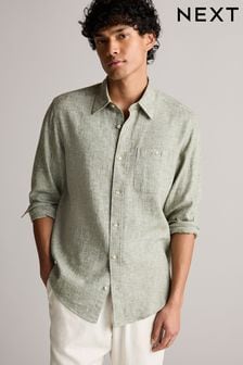 Green Standard Collar Linen Blend Long Sleeve Shirt (N00193) | 42 €