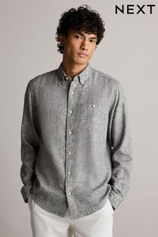 Grey Standard Collar Linen Blend Long Sleeve Shirt (N00194) | €34