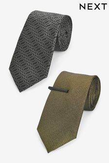 黑色幾何圖案/金黃色閃亮 - 織紋領帶附領帶夾2件裝 (N00251) | HK$172