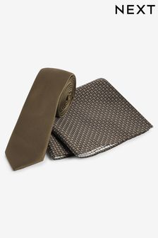 Khaki Green Slim Tie And Geometric Pocket Square Set (N00257) | $25