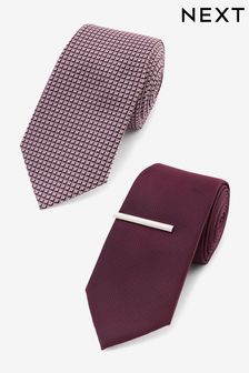 Pink/Burgundy Red Textured Tie With Tie Clips 2 Pack (N00264) | €17