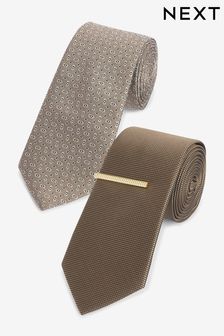 Neutral Brown Textured Tie With Tie Clip 2 Pack (N00265) | ₪ 69