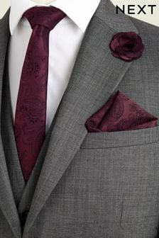 Burgundy Red Paisley Slim Tie, Pocket Square And Lapel Pin Set (N00271) | 84 SAR