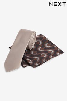 Neutral Brown Slim Tie And Pocket Square Set (N00317) | €12