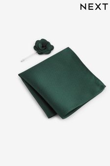 Forest Green Textured Silk Lapel Pin And Pocket Square Set (N00324) | €13