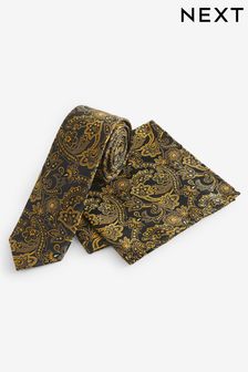 Black/Yellow Gold Paisley Slim Party Tie And Pocket Square Set (N00331) | $28