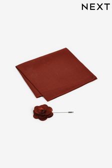 Rust Orange Textured Silk Lapel Pin And Pocket Square Set (N00336) | €11