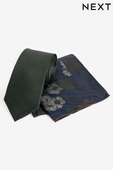 Forest Green/Navy Blue Floral Silk Tie And Pocket Square Set (N00354) | €26