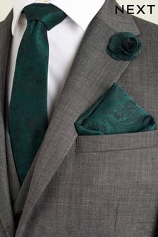 Forest Green Paisley Slim Tie Pocket Square And Lapel Pin Set (N00366) | kr290
