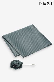 Sage Green Textured Silk Lapel Pin And Pocket Square Set (N00368) | €9