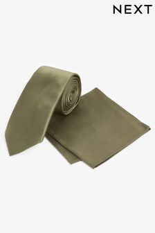 Olive Green Slim Satin Tie And Pocket Square Set (N00372) | kr177