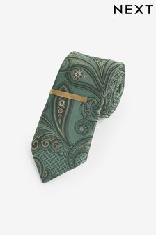 Sage Green Paisley Slim Pattern Tie And Tie Clip (N00377) | €6