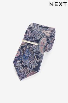 Marineblau/Rosa Paisleymuster - Regulär - Bedruckte Krawatte und Krawattenklammer (N00378) | 21 €