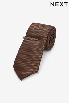 Brown Slim Textured Tie And Clip (N00387) | AED58