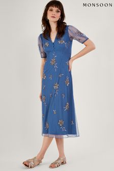 Niebieska luźna sukienka Monsoon Pamela ze zdobieniem (N00464) | 472 zł