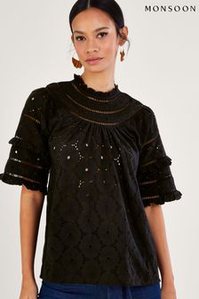 Monsoon Ruffle Trim Black Embroidered Top (N00466) | 50 €