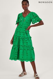 Monsoon Green V-Neck Tiered Broderie Dress (N00482) | €62