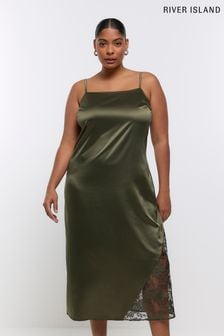 River Island Khaki Green Plus Lace Slip Dress (N00501) | €21.50