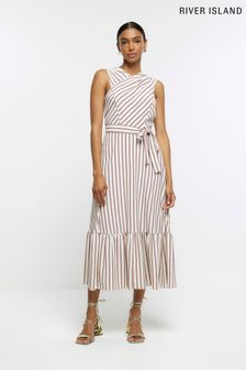 River Island Brown Cross Front Belted Midi Dress (N00600) | €31
