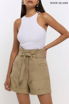 River Island Khaki Green Tie Front Patch Pocket Shorts (N00601) | €21.50
