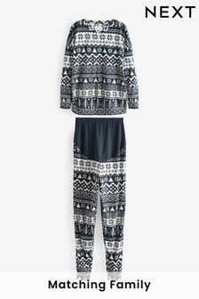 Marineblau/Norwegermuster - Umstand-Weihnachtspyjama für Damen aus Baumwolle passend zur Familie​​​​​​​ (N00948) | 24 €
