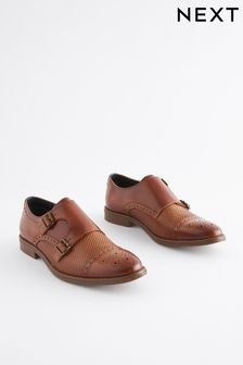 Tan Brown Embossed Leather Double Monk Shoes (N00950) | €69