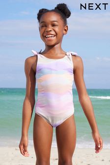 Wielokolorowe pastelowe fale - Strój kąpielowy z wiązaniem na ramionach (3-16 lat) (N01110) | 52 zł - 73 zł