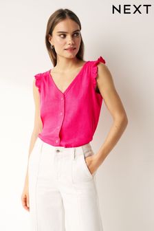 Pink - Linen Blend Ruffle Sleeve Top (N01256) | kr260