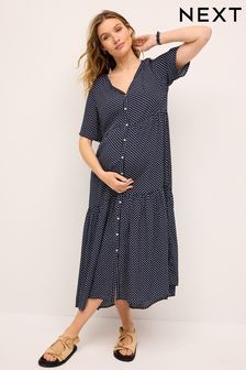 Navy Blue Spot Maternity Angel Sleeve Dress (N01260) | R550
