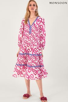 Monsoon Pink Geometric Print Kaftan Dress in Sustainable Cotton (N01286) | €43