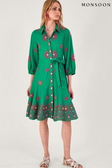 Monsoon Green Embroidered Shirt Dress in Linen Blend (N01289) | €68
