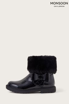 Monsoon Black Patent Stacey Faux Fur Trim Boots (N01838) | NT$1,770 - NT$1,960