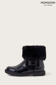 Monsoon Black Patent Stacey Faux Fur Trim Boots (N01838) | kr700 - kr770