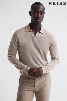 Бежевый - Рубашка поло из мериносовой шерсти с планкой без пуговиц Reiss Milburn (N02012) | €149