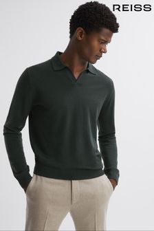 Reiss Forest Milburn Merino Wool Open Collar Polo Shirt (N02013) | SGD 270