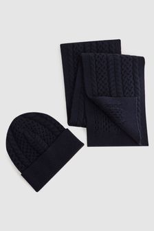 Reiss Navy Heath Senior Knitted Scarf and Beanie Hat Set (N02191) | SGD 105