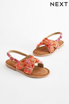 Red Orange Beaded Leather Cross Strap Sandals (N02664) | €31 - €41