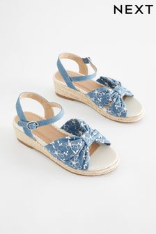 Blue Denim Flower Embroidered Bow Wedges Sandals (N04348) | $39 - $51
