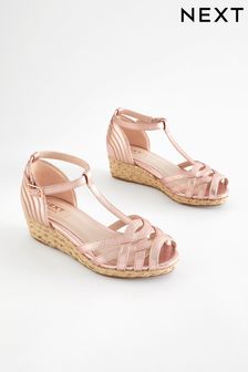 Rose Gold Woven Wedge Ankle Strap Sandals (N04349) | $51 - $66