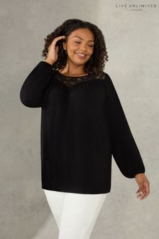 Live Unlimited Curve - Zwarte blouse met kanten schouderstuk (N04574) | €45
