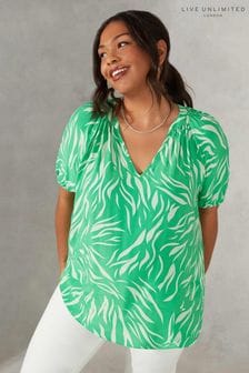 Live Unlimited groene Curve blouse met korte mouwen en zebraprint (N04590) | €42