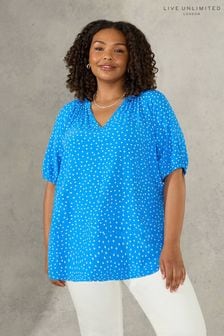 Modra pikčasta bluza z V-izrezom za močnejše postave Live Unlimited (N04594) | €31