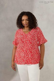 Live Unlimited Curve Red Ditsy Short Sleeve Button Through Blouse (N04600) | €36