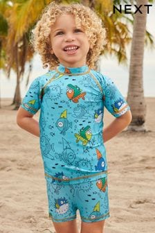 Azul con pez globo - Conjunto de camiseta y pantalones cortos con protección solar (3meses-7años) (N04683) | 17 € - 22 €
