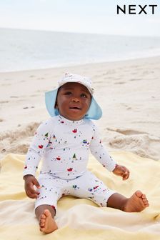 Pale Blue Boats Sunsafe Swimsuit & Hat 2 Piece Set (3mths-7yrs) (N04689) | ￥2,780 - ￥3,470