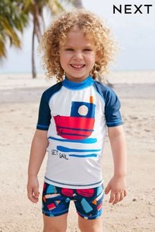 Azul marino con botes - Conjunto de camiseta y pantalones cortos con protección solar (3meses-7años) (N04694) | 17 € - 22 €