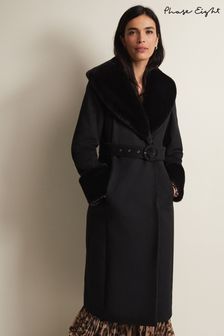 Phase Eight Black Faux Fur Collar Zylah Wool Long Coat (N04962) | 16,536 UAH