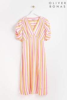 Oliver Bonas Orange Striped V-Neck Midi Dress (N05174) | 250 zł