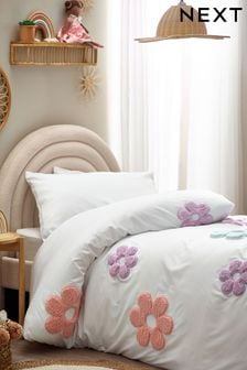 White Appliqué Daisy Flower Duvet Cover and Pillowcase Set (N05384) | AED141 - AED185